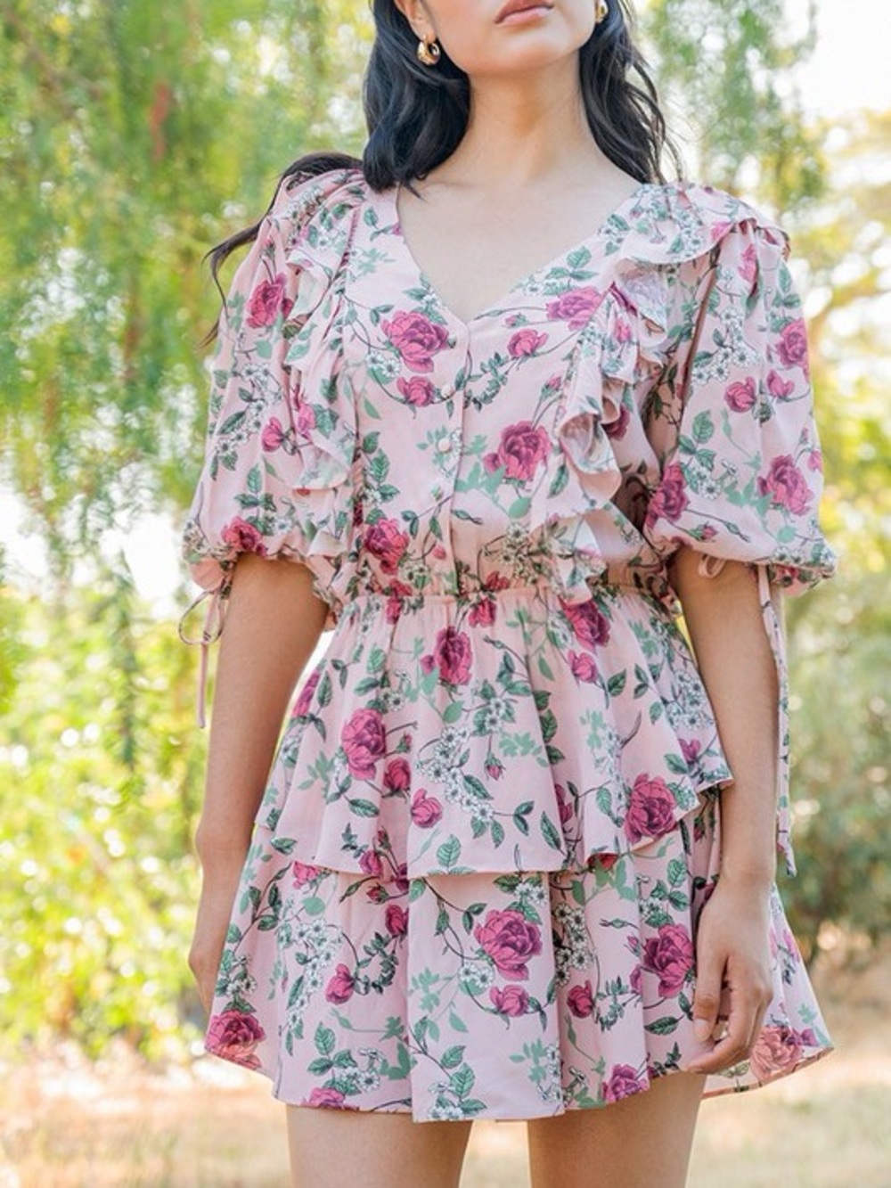 Yumi Kim Hailey Floral Ruffle V-Neck Pink Dress Tier Ruffle Size XSmall